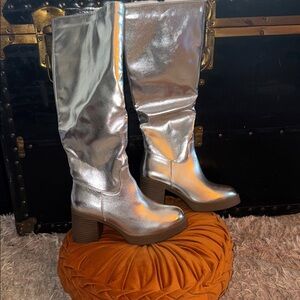 Silver Knee High Boots With Block Heel Sz 8.5 NEW!!
